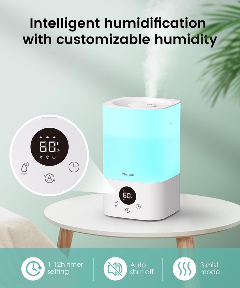 Pharata Smart Humidifiers for Bedroom Large Room, 3.5L Top Fill Cool Mist Air Humidifiers for Home Baby Plants Nursery, Humidity Control & Night Light, White - Image 3